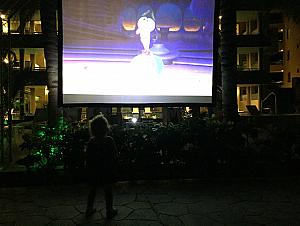 The resort has a nighttime movie every night down by the pool. Capri liked to walk by and watch for a couple minutes before bed.