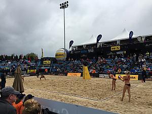 At the FIVB tournament to watch USA beach volleyball vs Spain. Carrie Walsh serving.