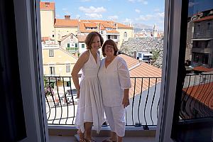 Kelly and Nana ready for Paula's bachelorette party  / Hen's Day -- enjoying a fancy seven-course meal at a winery on the island of Brac