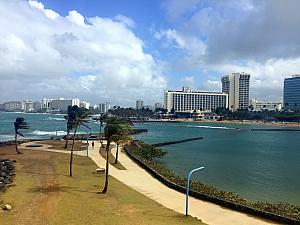 Looking back at our hotel - the Hilton Caribe - from across the bay.