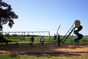 Family photo at a swing set