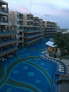 View of the giant swimming pool and hotel towers