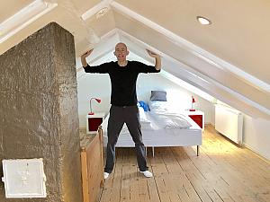 Showing off the loft where we slept for three nights in Reykjavik. I didn't stand upright too often up here! Luckily, I was only in the loft to sleep.