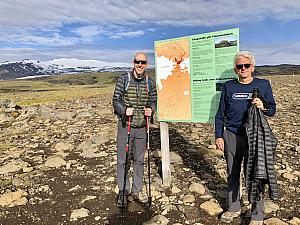 Sign showing the two glaciers, the snowfields between, and the lava flow from the 2010 Eyjafjallajokull volcano.